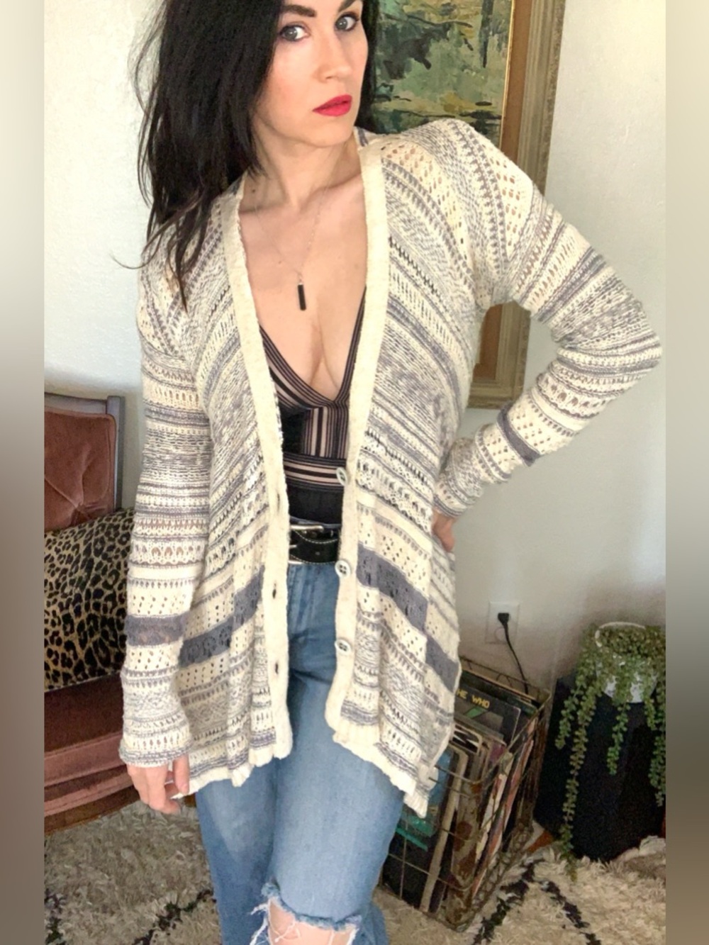 Free People Striped Crochet Cardigan in Cream and Gray